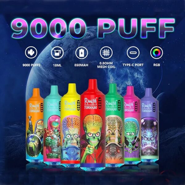RandM Tornado 9000 Puffs 0% 2% 3% 5% Nikotiini ühekordselt kasutatavad vape hulgimüük – WhizVape – 1