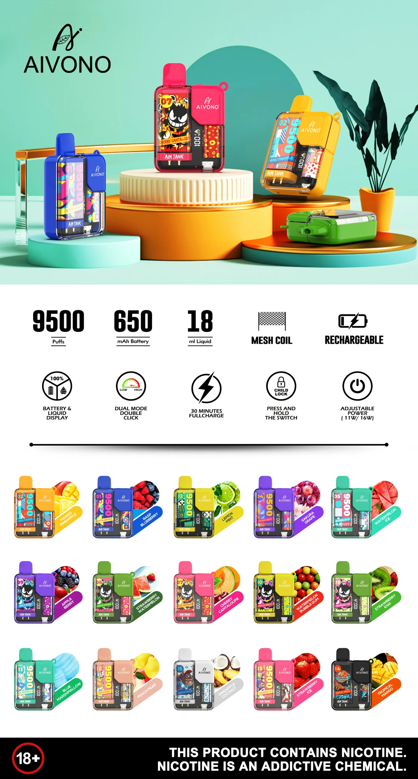 AIVONO AIM TANK 9500 Puffs 0% 2% 3% 5% Оптом Низкая Никотин Перезаряжаемые Одноразовые Vapes Ручка Wholesale