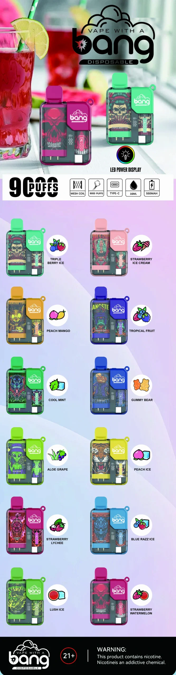 Bang BC 9000 Puffs 0% 2% 3% 5% Низкий Никотин Перезаряжаемые Одноразовые Vapes Ручка Оптовая Покупка Оптом