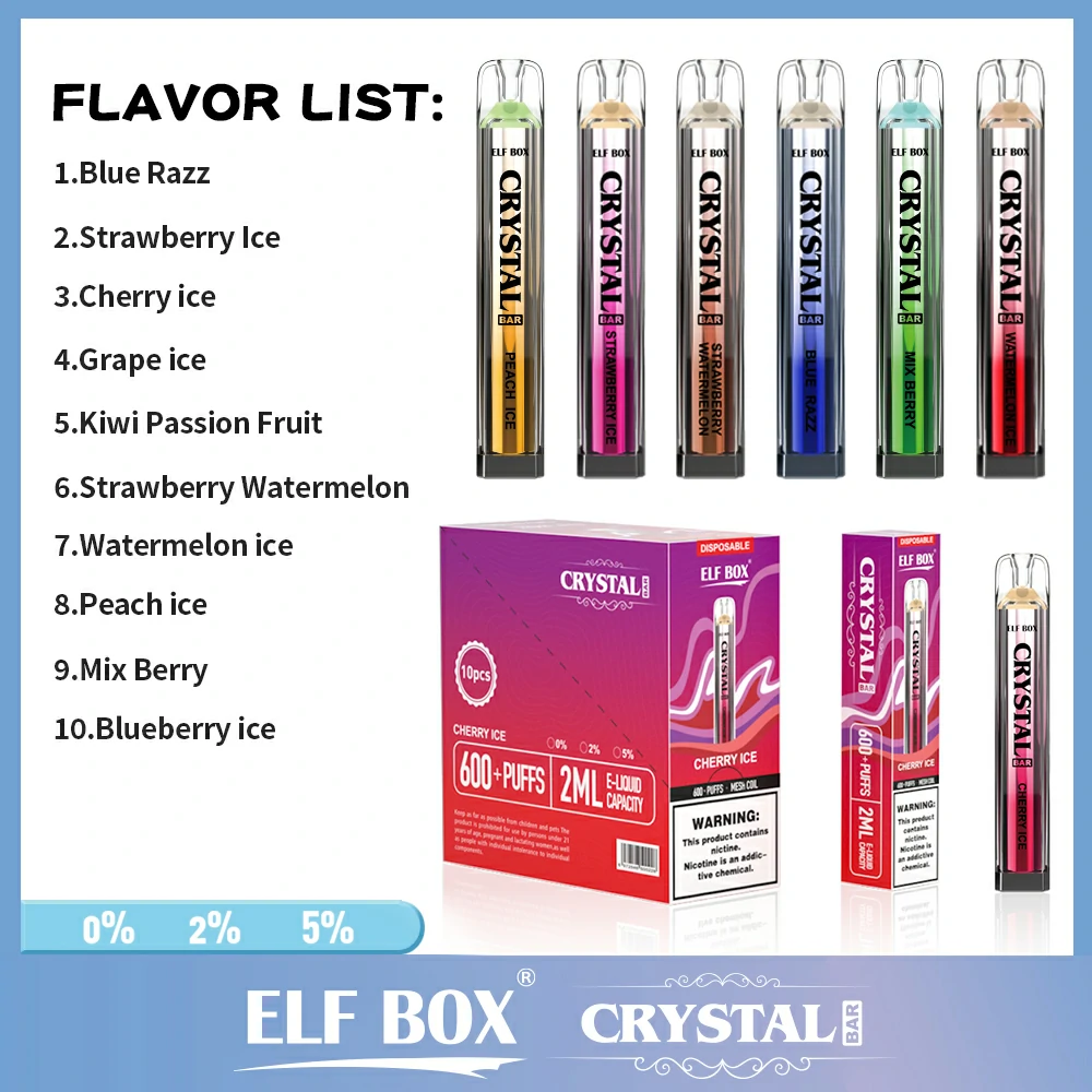 ELF BOX CRYSTAL BAR 600 затяжек 0% 2% 5% Никотин Перезаряжаемая Одноразовая вейп оптовик