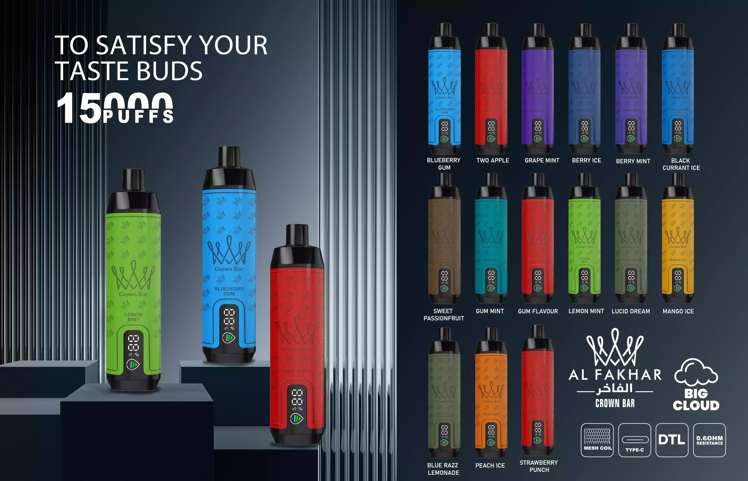 Al Fakhar Crown Bar 15000 Puffs DTL LED Afișaj 2% Vape de unică folosință cu nicotină scăzută, reîncărcabilă, cumpărare în vrac, en gros