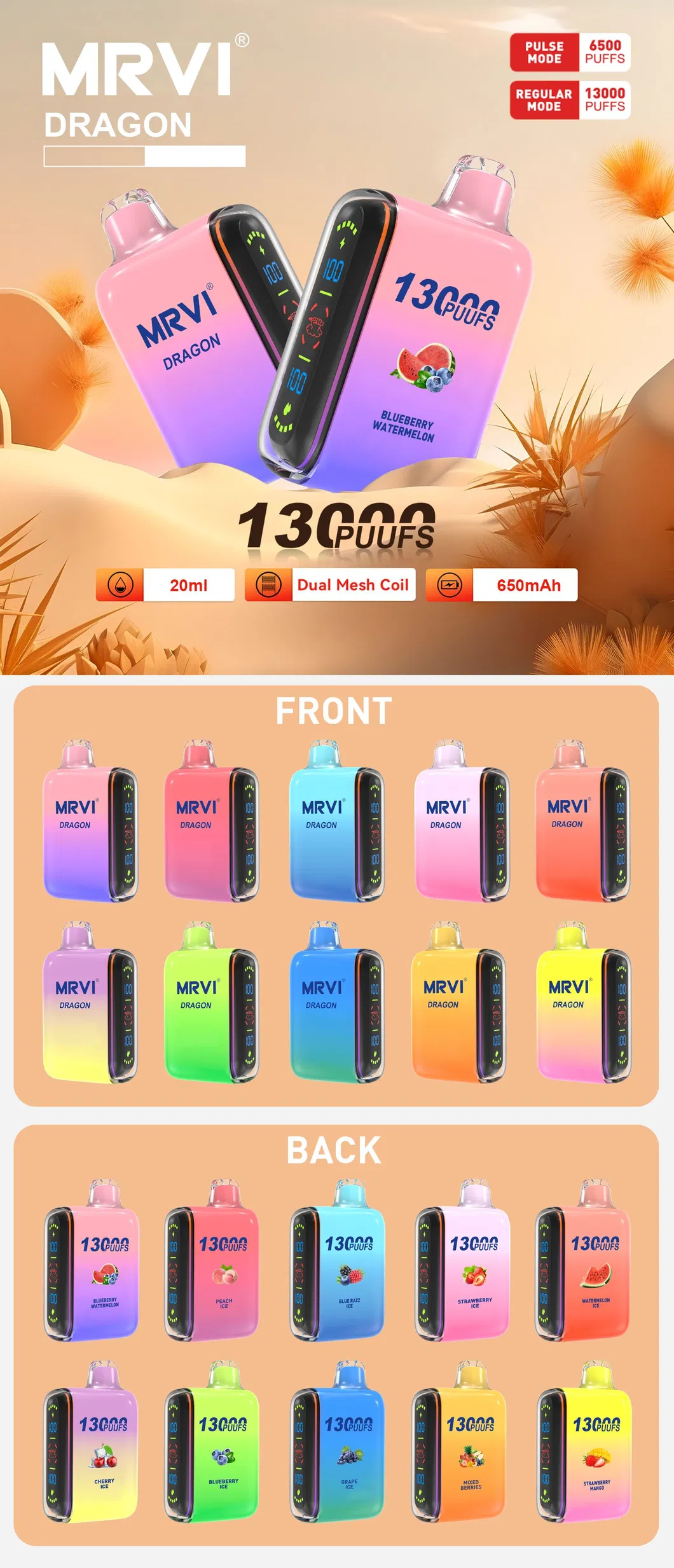 MRVI Dragon 13000 Puffs Dual Mesh Digital Screen 2% 5% Низк nicotine Перезаряжаемые Disposable Vapes Pen оптовая покупка оптом